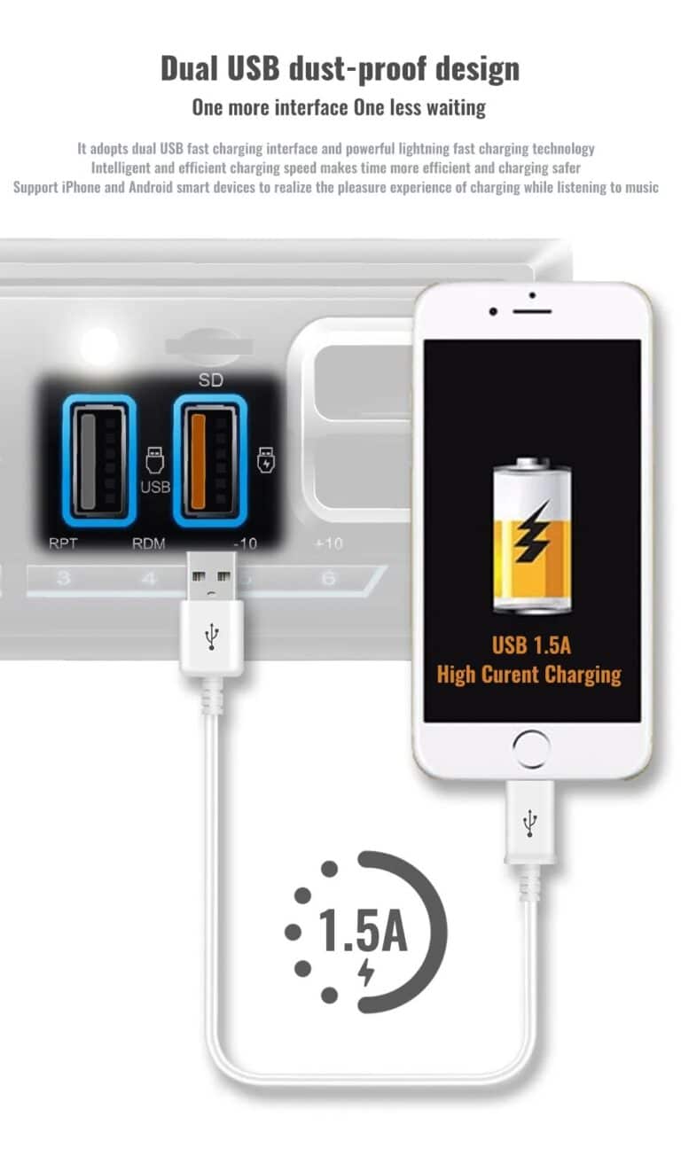 Poste radio BT Avec Support smart-phone intégré 1 Din Radio FM ,SD,TF, 2-USB 12V